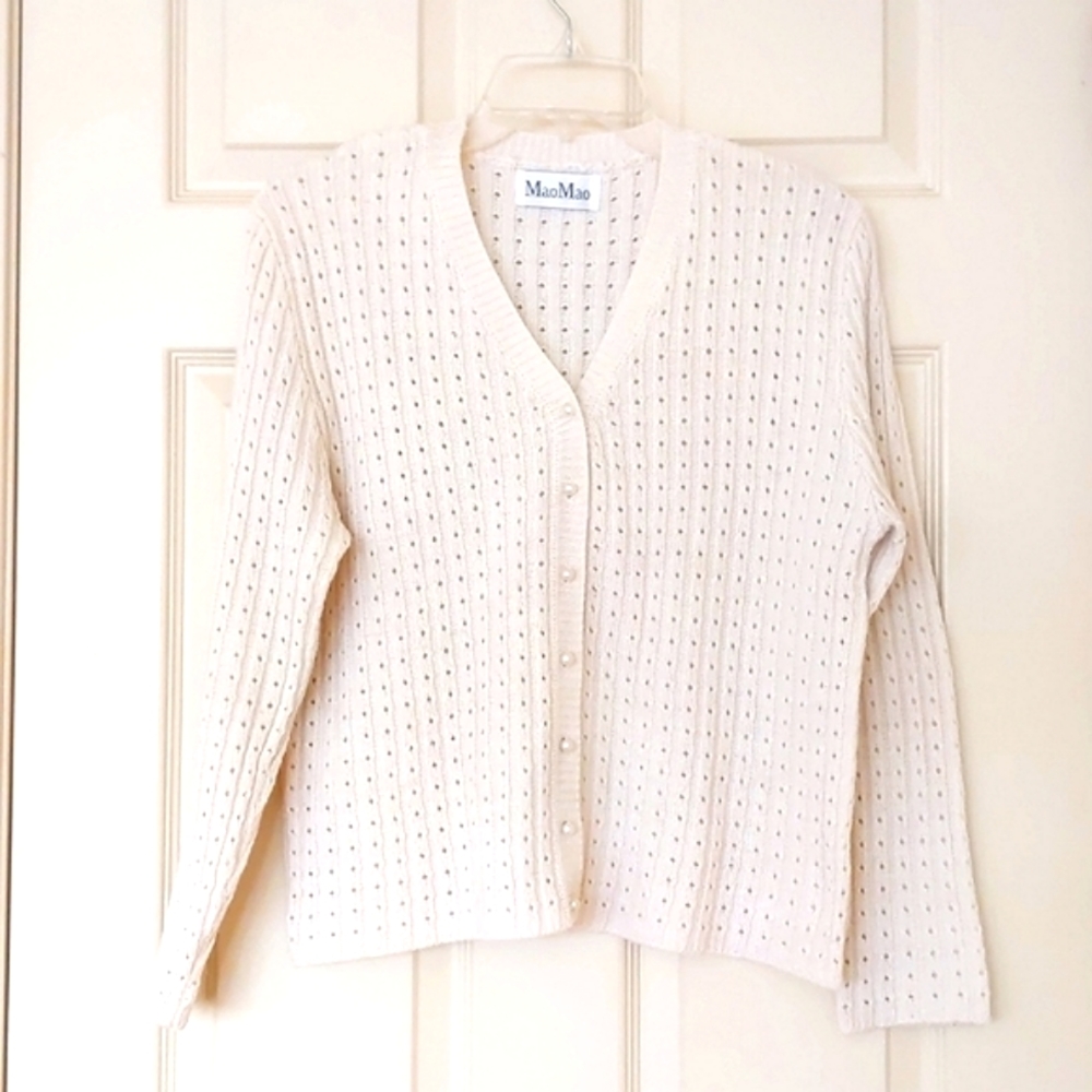 NWOT. Woman's Wool blended crochet V-Neck cardigan with pearl buttons.